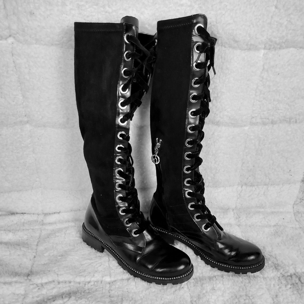 The Wishbone Collection Rhinestone Lug Sole Combat Boots Black Lace Up Tall